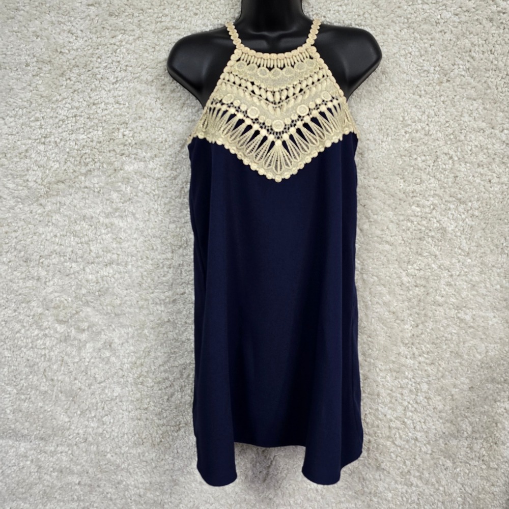 Lilly Pulitzer Pearl Soft Shift Dress Womens 00 Blue Crochet Lace Bib Preppy